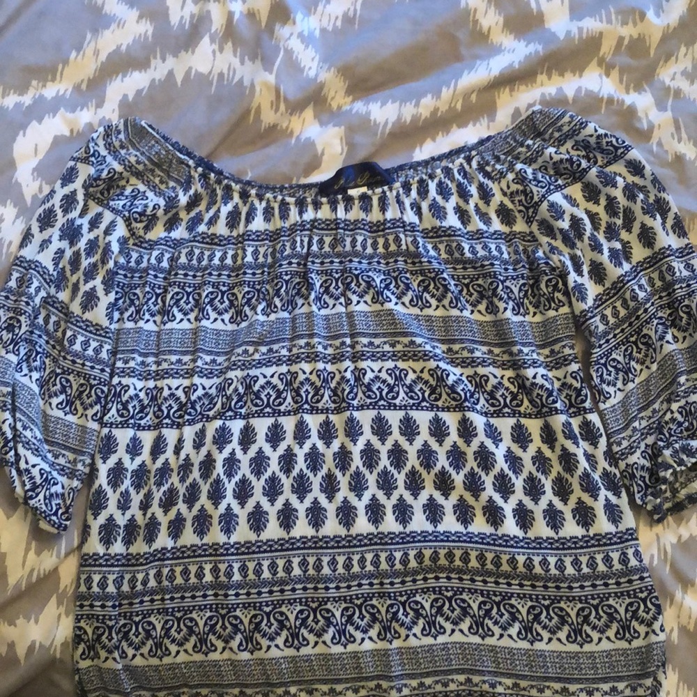 Off-shoulder Navy and Paisley Top